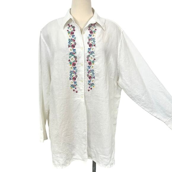 Lauren Ralph Lauren Linen Button-Down Shirt Embroidered Floral Top Blouse 3X - Picture 1 of 10